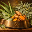 Herbal remedy ingredients in copper pet bowl with turmeric root, aloe vera, and dried herbs on rustic wooden surface