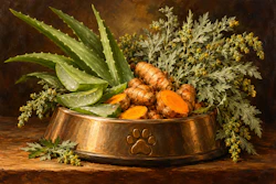 Herbal remedy ingredients in copper pet bowl with turmeric root, aloe vera, and dried herbs on rustic wooden surface