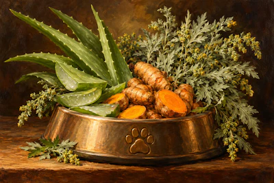 Herbal remedy ingredients in copper pet bowl with turmeric root, aloe vera, and dried herbs on rustic wooden surface