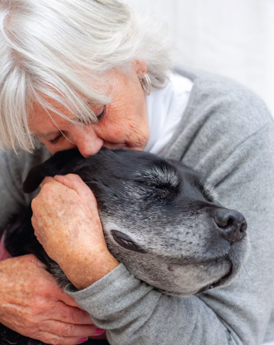 Senior woman with white hair tenderly kissing an older black dog in a warm, affectionate moment