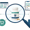 Frasco de suplemento para pets com uma marca de pata, cercado por ícones de marketing digital, incluindo site, aplicativo móvel, hashtag, carrinho de compras, avaliação de cliente e reprodutor de vídeo.