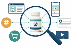 Frasco de suplemento para pets com uma marca de pata, cercado por ícones de marketing digital, incluindo site, aplicativo móvel, hashtag, carrinho de compras, avaliação de cliente e reprodutor de vídeo.