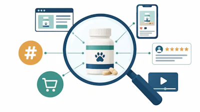 Frasco de suplemento para pets com uma marca de pata, cercado por ícones de marketing digital, incluindo site, aplicativo móvel, hashtag, carrinho de compras, avaliação de cliente e reprodutor de vídeo.