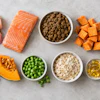 Nutritious whole foods including salmon, chicken, blueberries, sweet potato, carrots, oats, peas, and olive oil arranged on a gray surface