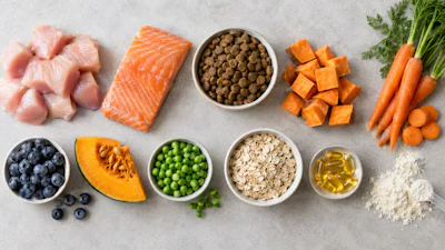 Nutritious whole foods including salmon, chicken, blueberries, sweet potato, carrots, oats, peas, and olive oil arranged on a gray surface
