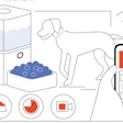 Smart pet care system with humidifier, food bowl, dog, and mobile app showing pet monitoring features