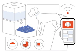 Smart pet care system with humidifier, food bowl, dog, and mobile app showing pet monitoring features