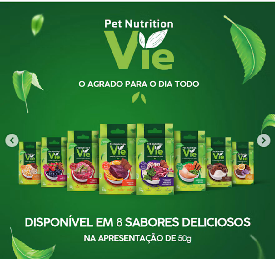 Linha Vie, da Pet Nutrition, com oito sabores de petiscos naturais em embalagens de 50 g.