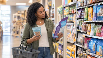 Woman comparing food packages in grocery store aisle while holding shopping basket
