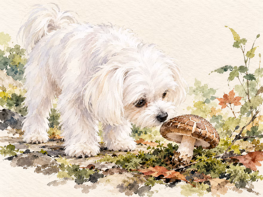Cachorrinho branco cheira um cogumelo cercado de plantinhas
