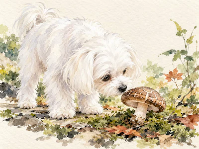 Cachorrinho branco cheira um cogumelo cercado de plantinhas